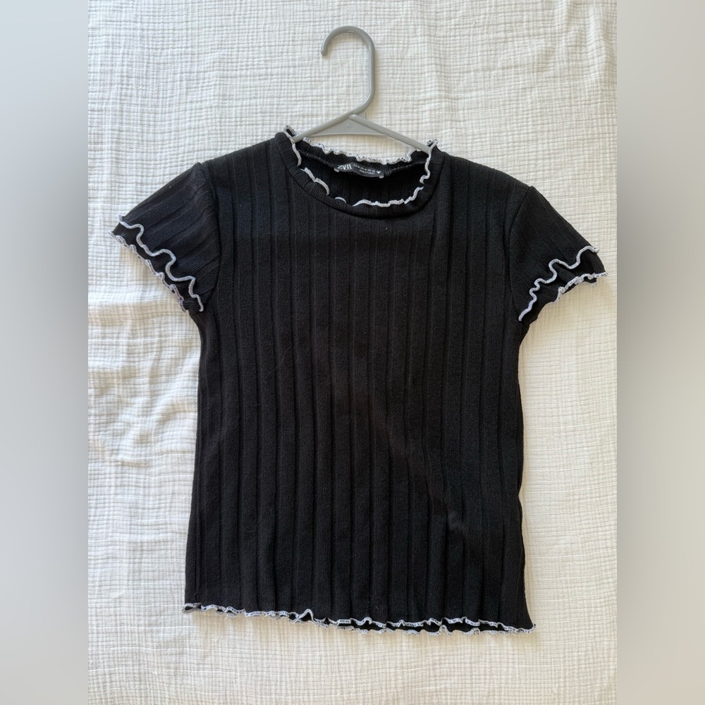 Zara Black Top with White Ruffle Detail